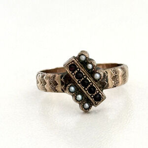 Antique Victorian 14K Yellow Gold Garnet & Seed Pearl Ring Size 6